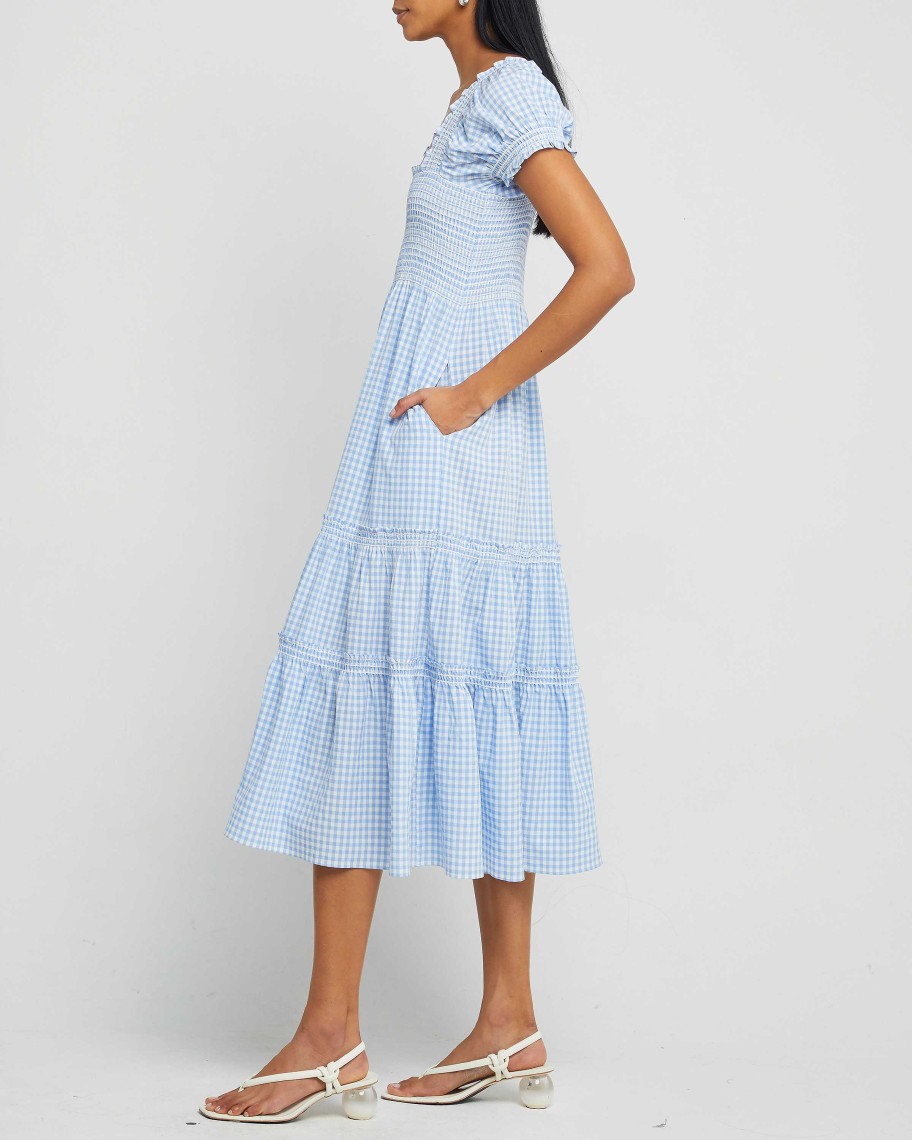 Clothing o.p.t | Square Neck Smocked Maxi Dress Blue Plaid