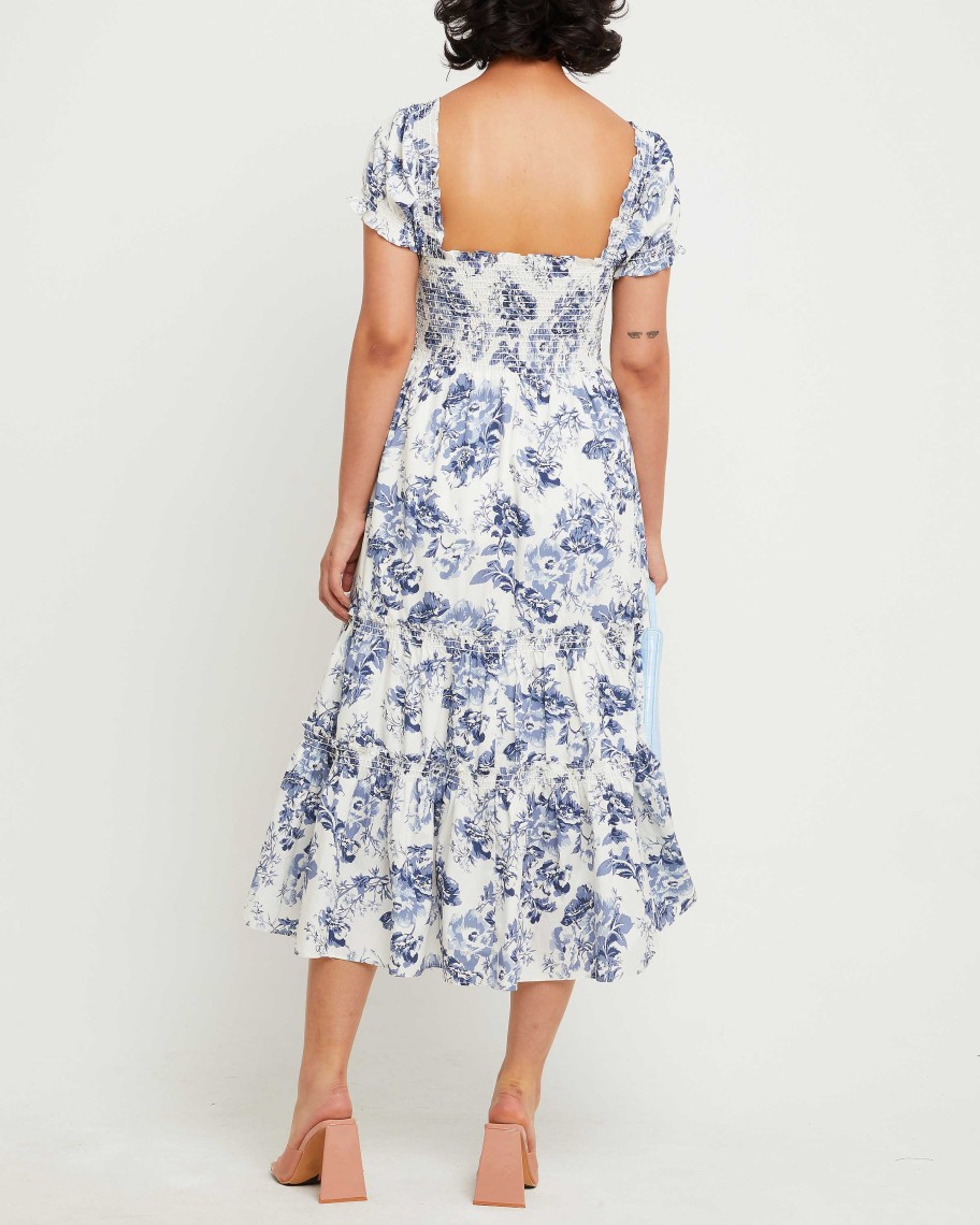 Clothing o.p.t | Square Neck Smocked Maxi Dress Blue Toile