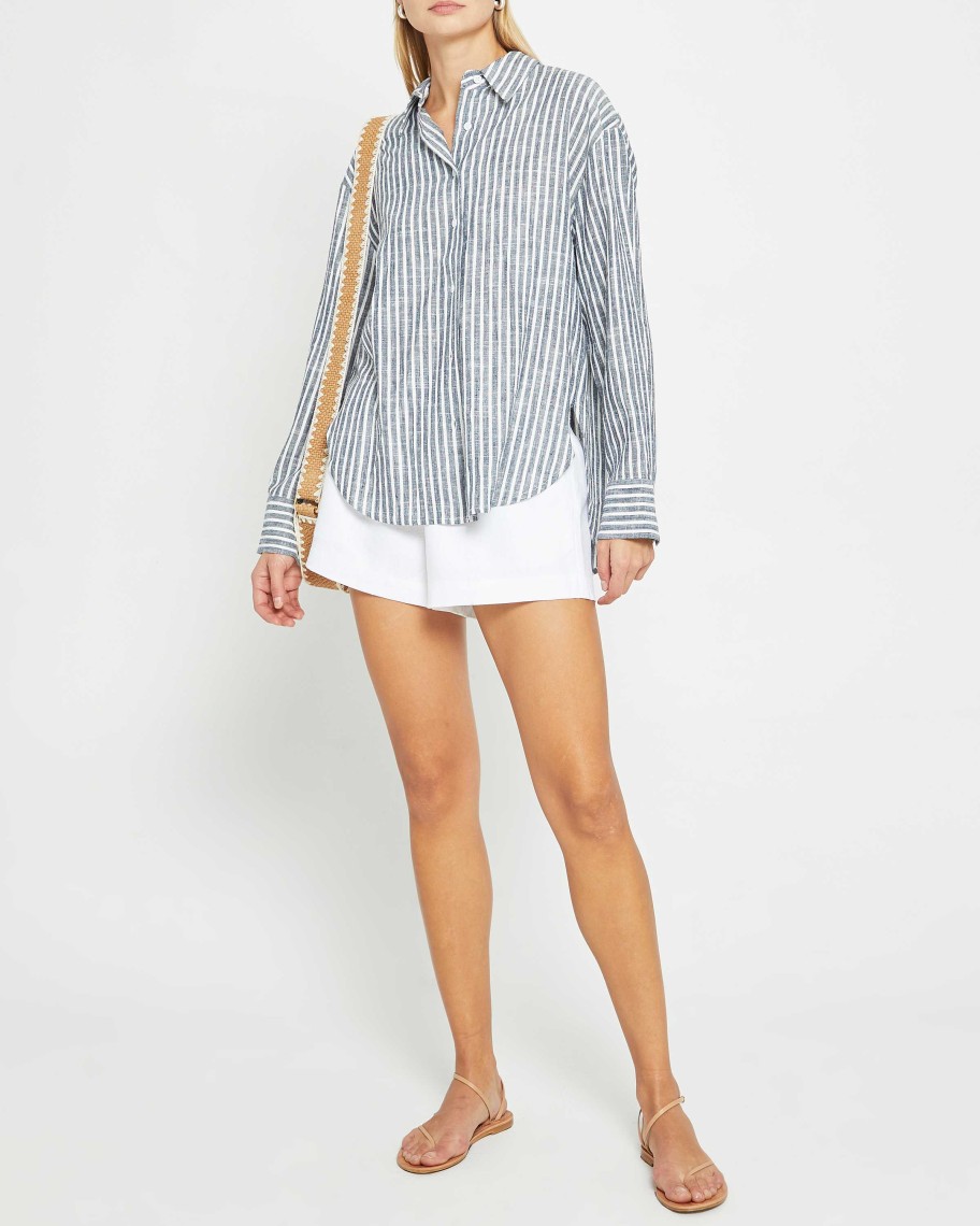 Clothing CAARA | Billy Oversized Linen Shirt Indigo Stripe