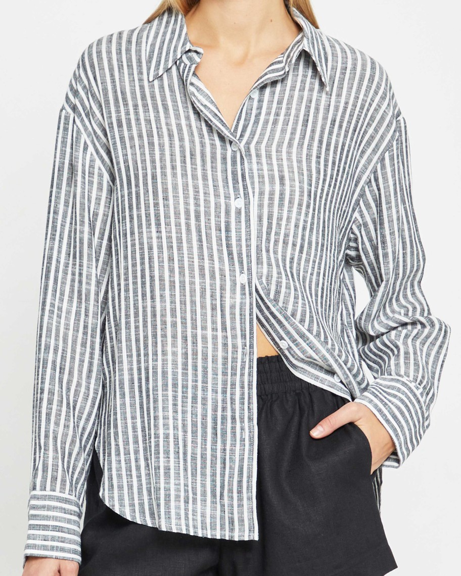 Clothing CAARA | Billy Oversized Linen Shirt Black Stripe