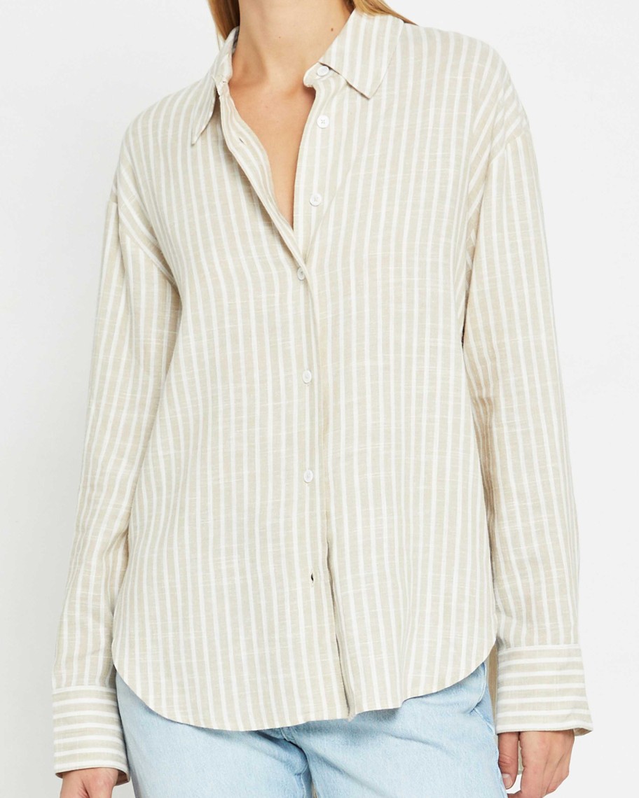 Clothing CAARA | Billy Oversized Linen Shirt Natural Stripe