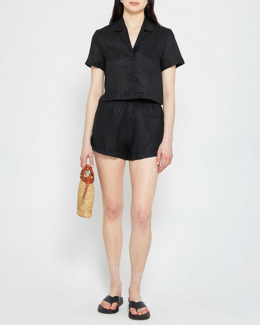 Clothing CAARA | Everyday Cropped Linen Shirt Black