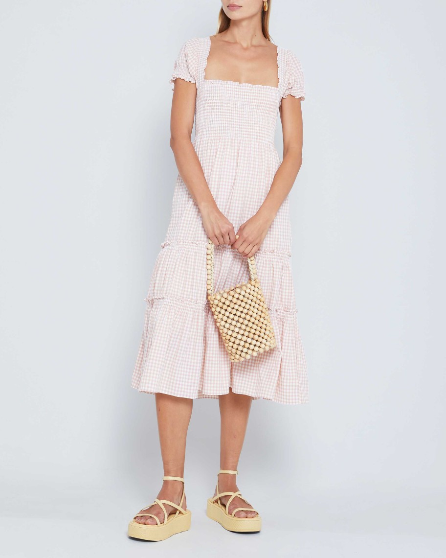 Clothing o.p.t | Square Neck Smocked Maxi Dress Pink Plaid