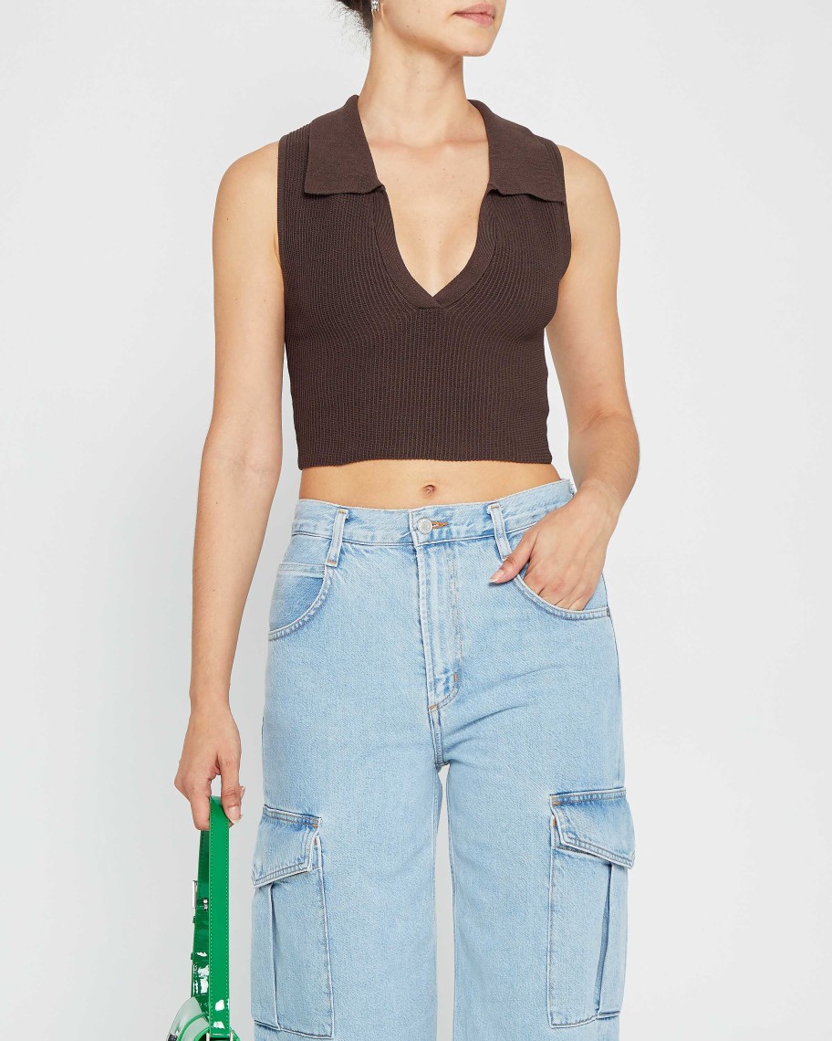 Clothing CAARA | Sculpting Knit Cropped Polo Top Coffee