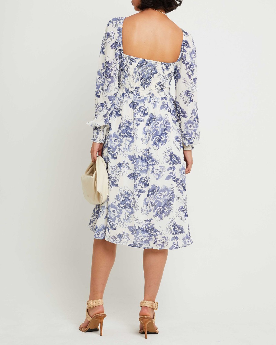 Clothing o.p.t | Classic Smocked Midi Dress Blue Toile