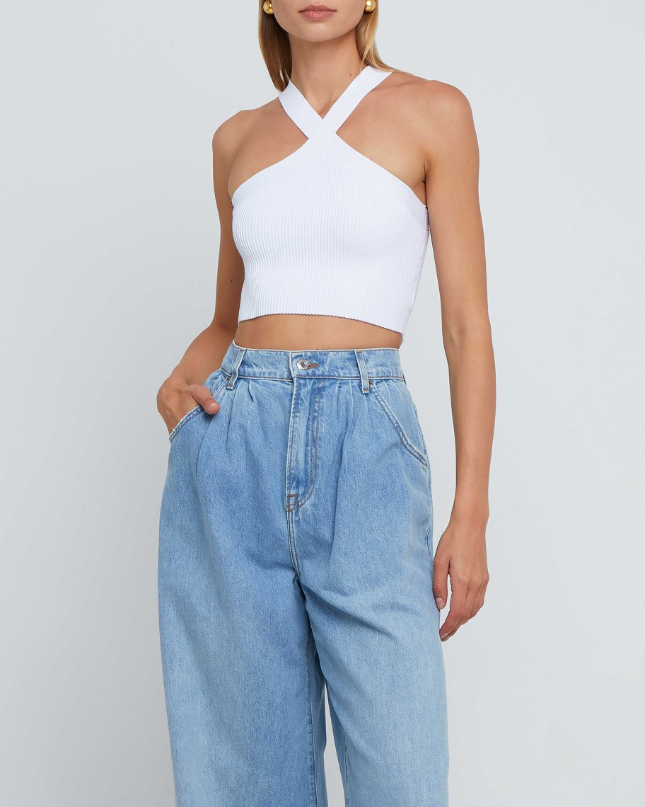 Clothing CAARA | Sculpting Knit Criss Cross Cropped Halter Tank White