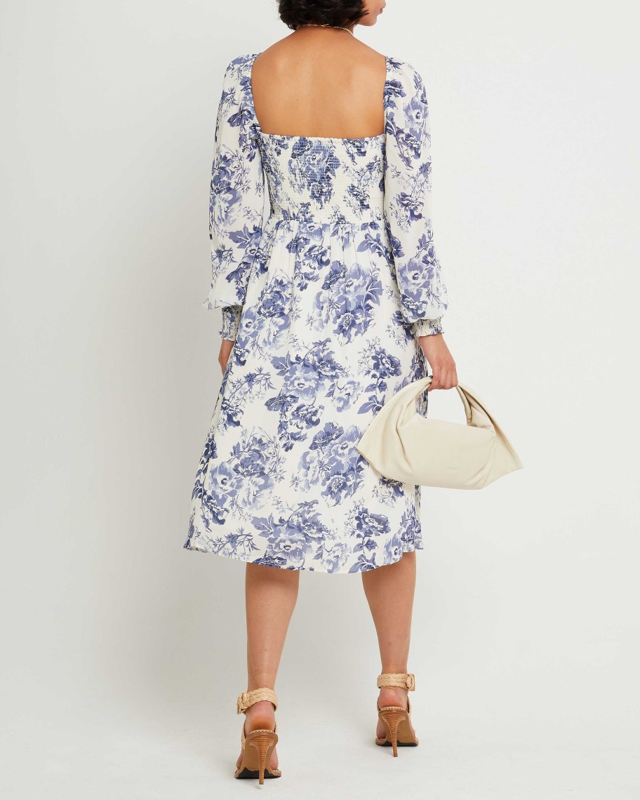 Clothing o.p.t | Classic Smocked Midi Dress Blue Toile