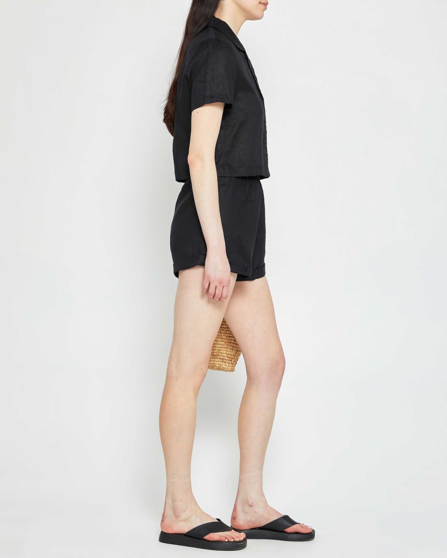 Clothing CAARA | Everyday Cropped Linen Shirt Black