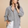 Clothing CAARA | Billy Oversized Linen Shirt Indigo Stripe