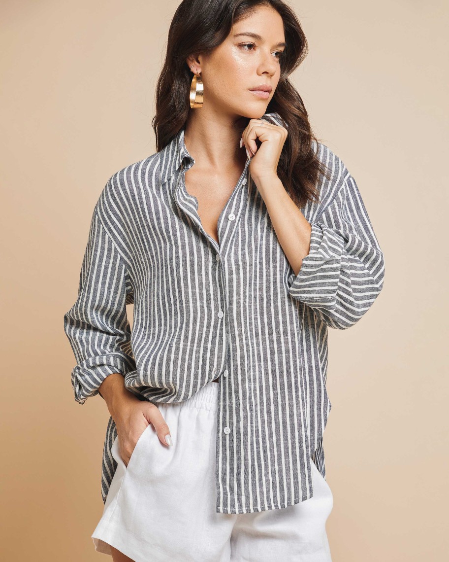 Clothing CAARA | Billy Oversized Linen Shirt Indigo Stripe